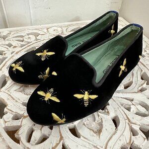 Blue bird gold embroidered bee black velvet smoking loafer